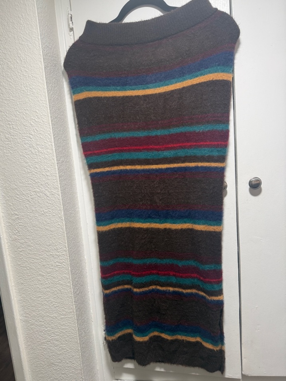 Striped Knit Skirt w/ Side Slit - Multicolor Stripes